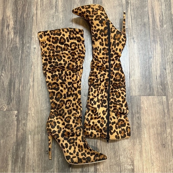 F21 Animal Print Brown Tan Suede High Heel Pointed Toe Stiletto Boots Size 8.5 - Picture 12 of 12